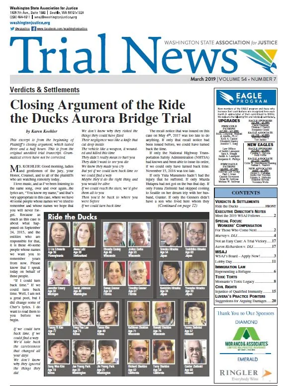 The front page of the March 2019 "Trial News," featuring the "Ride the Ducks" trial.