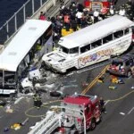 An aerial view of the fatal "Ride the Ducks" crash scene on a bridge with first responders.