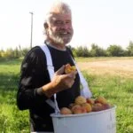 A smiling man with a white beard stands in an orchard with a bucket of fresh peaches.