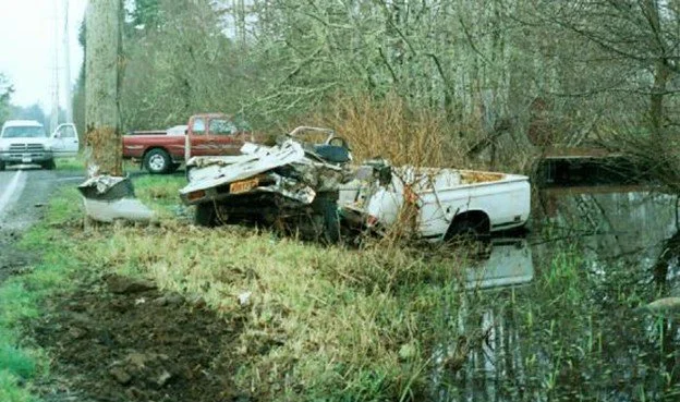 The mangled wreckage of a white pickup truck that has crashed into a watery ditch.
