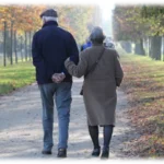 "Elderly couple walking arm in arm down a tree-lined path in autumn"