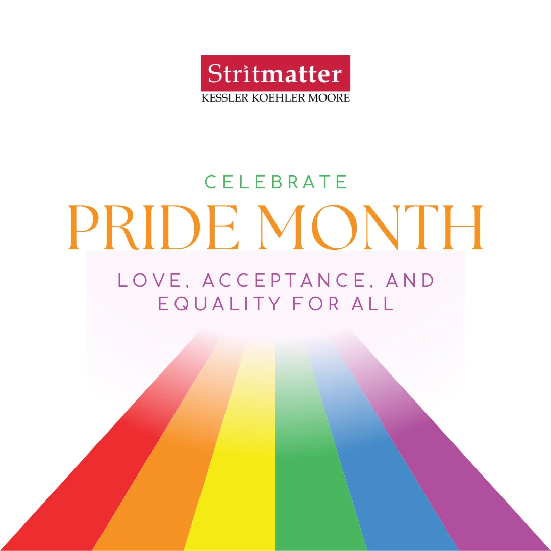 "Stritmatter Pride Month graphic with rainbow colors and equality message"