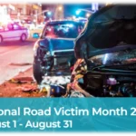"Car crash scene at night with text promoting National Road Victim Month 2023 in August"