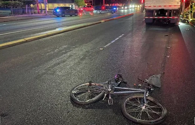 "Damaged bicycle on road at night near truck with police vehicles in background"