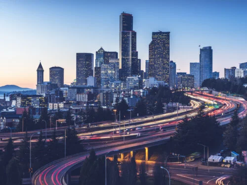 exposure of Interstate 5 and seattle downtown skyline,Washington State,USA.