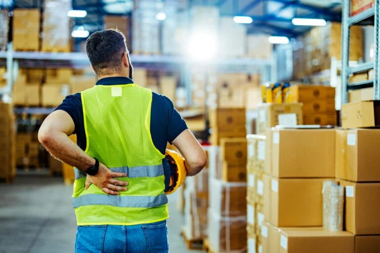 A warehouse worker having back pain and rubbing it.