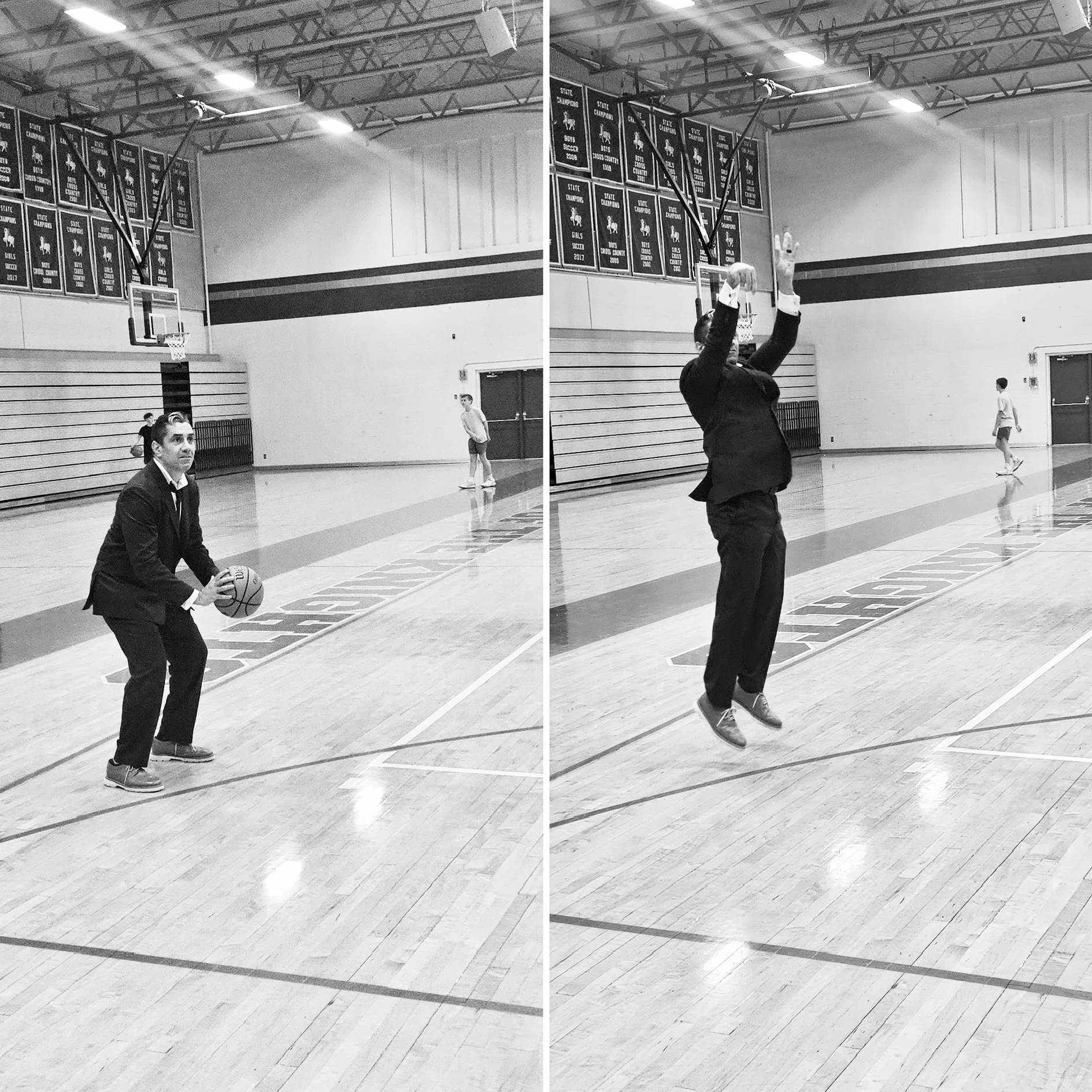 Here’s a concise alt-text suggestion under 100 characters: **"Man in a suit playing basketball on an indoor court."** Would you like me to also create a couple of playful variations (like emphasizing the jump shot)?