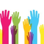 An illustration of many diverse, brightly colored hands raised in the air.