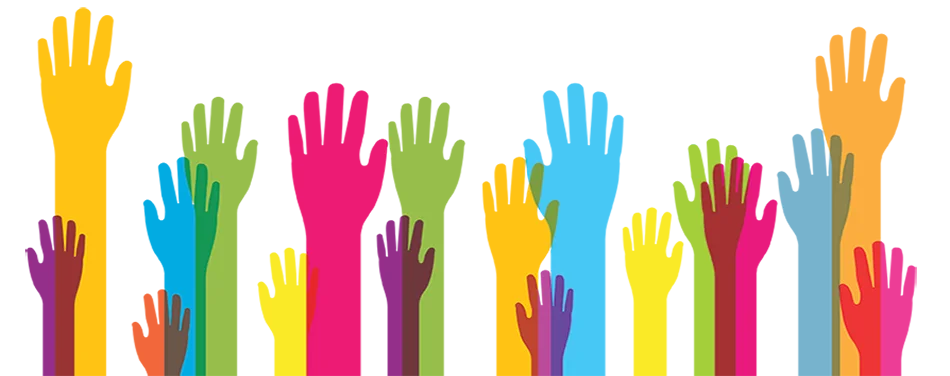 An illustration of many diverse, brightly colored hands raised in the air.