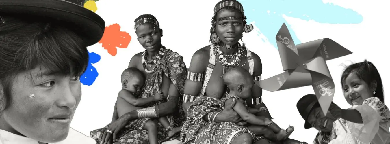 A stylized, black and white collage of mothers and children from diverse cultures.