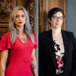 A two-part image showing two women. The woman on the left has long gray hair and tattoos and is wearing a red dress. The woman on the right has short dark hair and glasses and is wearing a floral blouse under a black blazer.