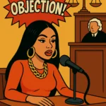 Cartoon of a woman in court shouting “Objection!” while testifying at the witness stand with a judge in the background.