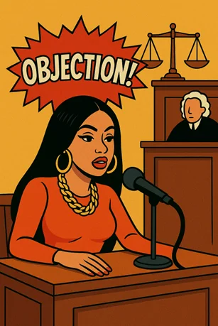 Cartoon of a woman in court shouting “Objection!” while testifying at the witness stand with a judge in the background.