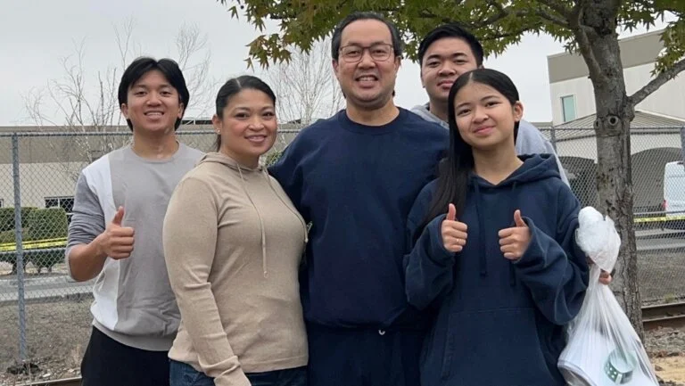 Alan's family, finally reunited early this morning after more than a month apart.