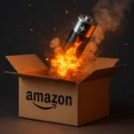 AI-generated image of a lithium battery exploding out of an Amazon shipping box with fire and sparks, illustrating the danger of battery fire injuries.