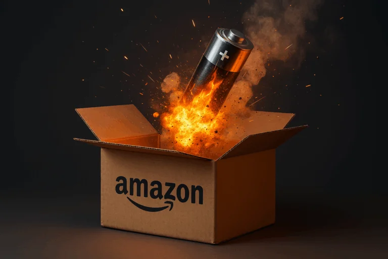 AI-generated image of a lithium battery exploding out of an Amazon shipping box with fire and sparks, illustrating the danger of battery fire injuries.