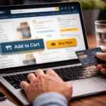 Online shopper completing a purchase on Amazon’s website, illustrating online retail transactions.
