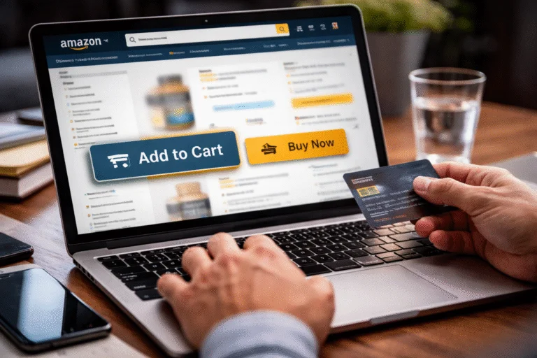 Online shopper completing a purchase on Amazon’s website, illustrating online retail transactions.