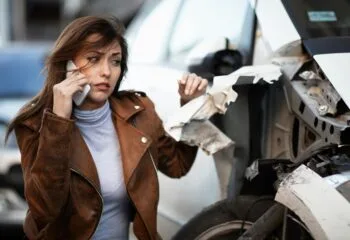 Driver standing beside a damaged vehicle after a collision while speaking on the phone with her insurance company.